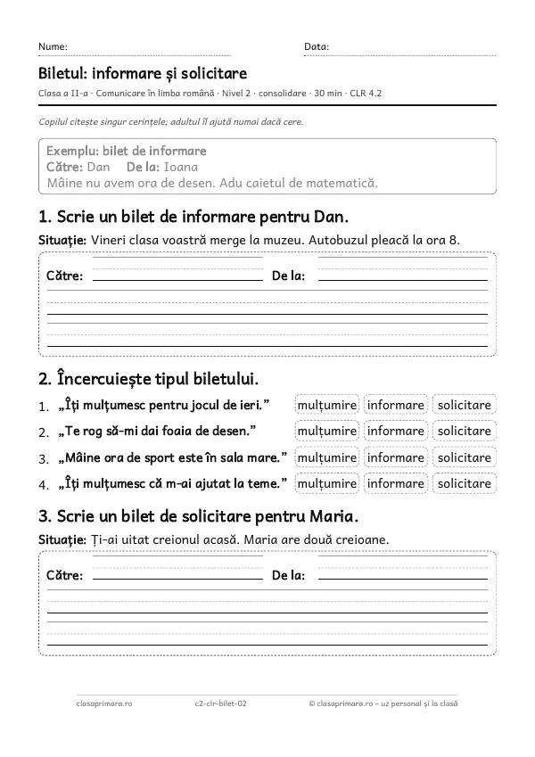Prima pagină a fișei „Biletul: informare și solicitare”, clasa a II-a, nivelul 2