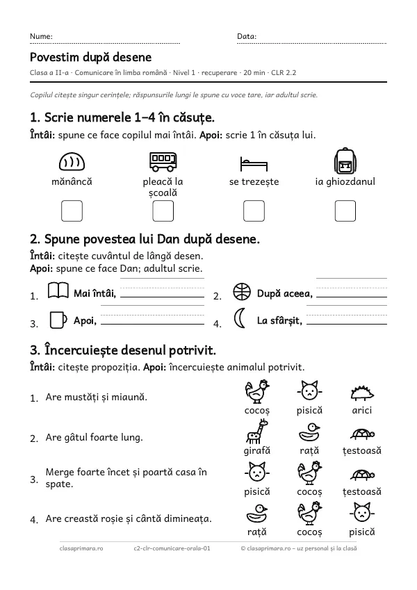 Prima pagină a fișei „Povestim după desene”, clasa a II-a, nivelul 1