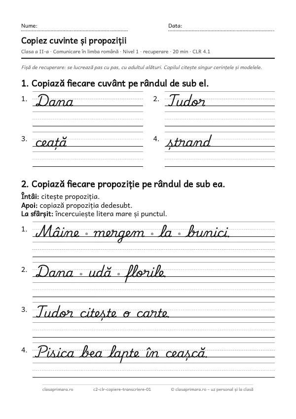 Prima pagină a fișei „Copiez cuvinte și propoziții”, clasa a II-a, nivelul 1