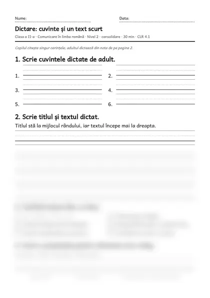 Prima pagină a fișei „Dictare: cuvinte și un text scurt”, clasa a II-a, nivelul 2