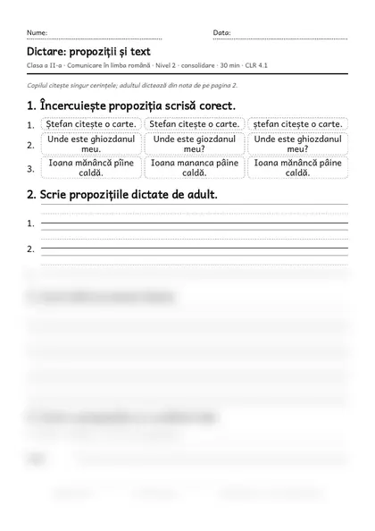 Prima pagină a fișei „Dictare: propoziții și text”, clasa a II-a, nivelul 2