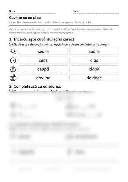 Prima pagină a fișei „Cuvinte cu oa și ea”, clasa a II-a, nivelul 1