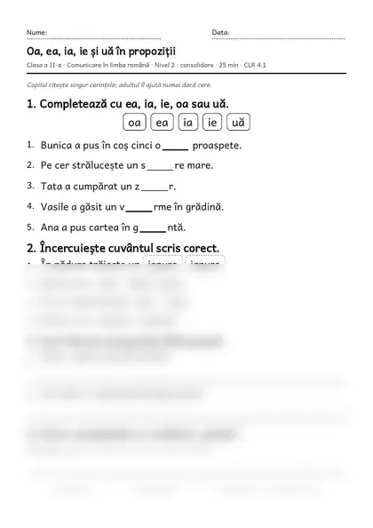 Prima pagină a fișei „Oa, ea, ia, ie și uă în propoziții”, clasa a II-a, nivelul 2