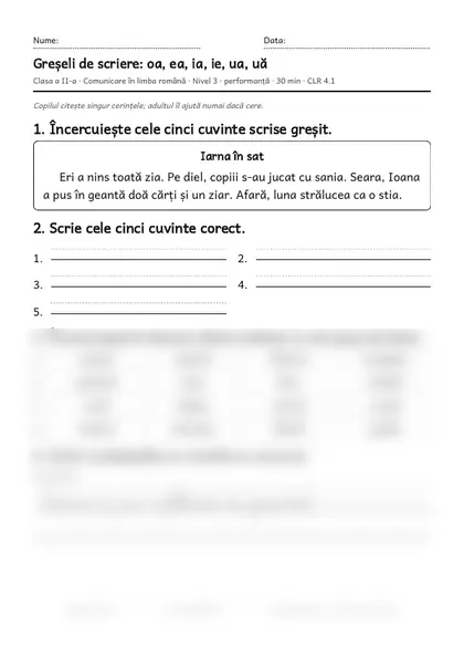 Prima pagină a fișei „Greșeli de scriere: oa, ea, ia, ie, ua, uă”, clasa a II-a, nivelul 3