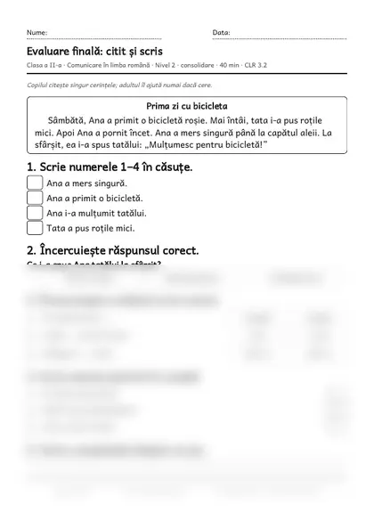 Prima pagină a fișei „Evaluare finală: citit și scris”, clasa a II-a, nivelul 2