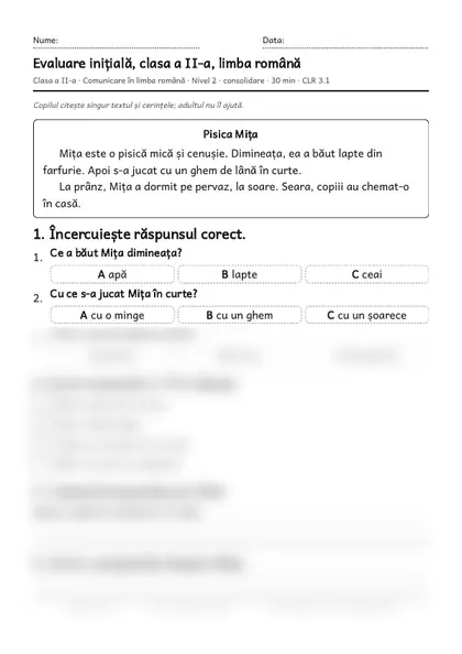 Prima pagină a fișei „Evaluare inițială, clasa a II-a, limba română”, clasa a II-a, nivelul 2