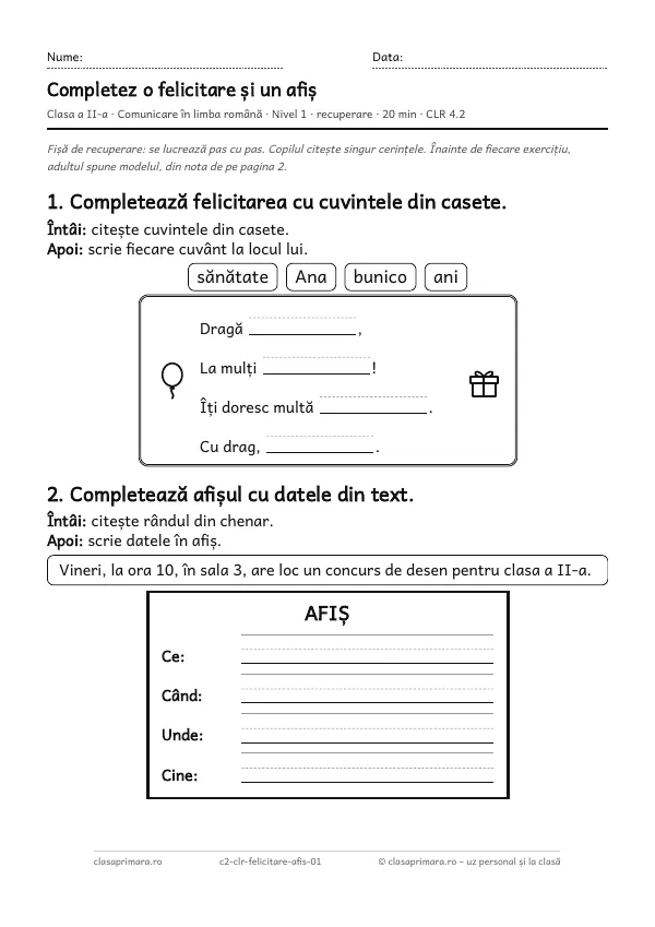 Prima pagină a fișei „Completez o felicitare și un afiș”, clasa a II-a, nivelul 1