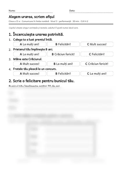 Prima pagină a fișei „Alegem urarea, scriem afișul”, clasa a II-a, nivelul 3