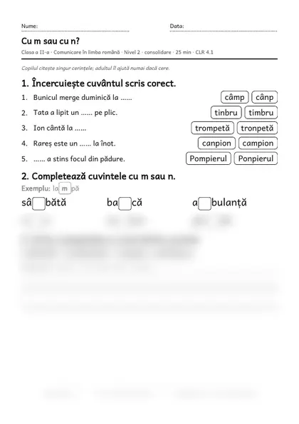 Prima pagină a fișei „Cu m sau cu n?”, clasa a II-a, nivelul 2
