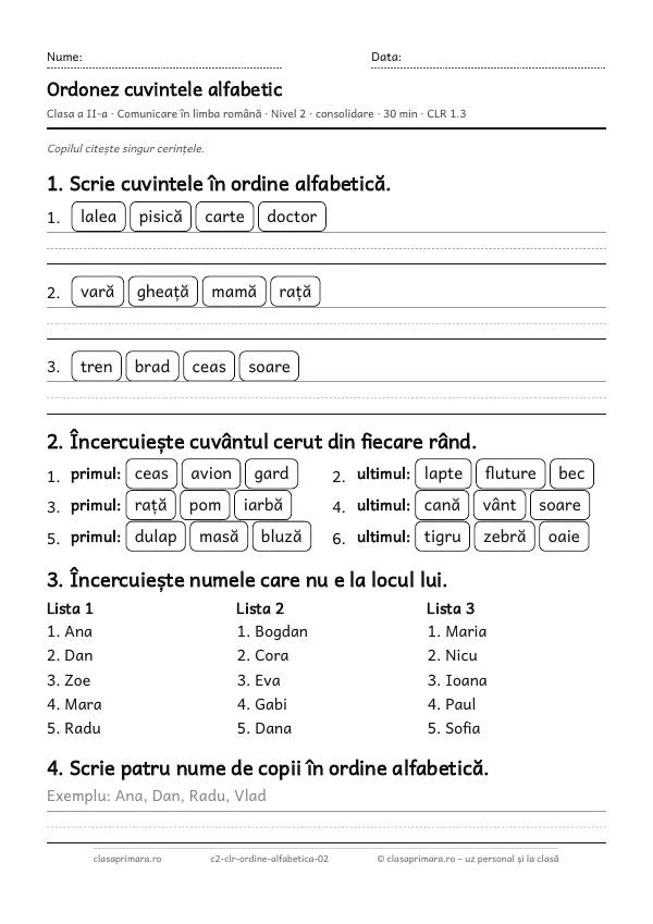Prima pagină a fișei „Ordonez cuvintele alfabetic”, clasa a II-a, nivelul 2