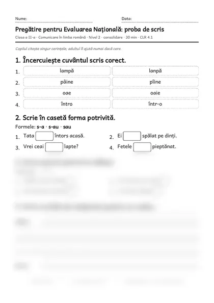 Prima pagină a fișei „Pregătire pentru Evaluarea Națională: proba de scris”, clasa a II-a, nivelul 2