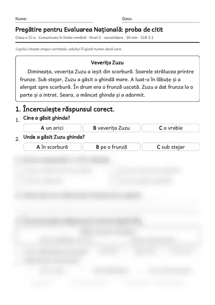 Prima pagină a fișei „Pregătire pentru Evaluarea Națională: proba de citit”, clasa a II-a, nivelul 2