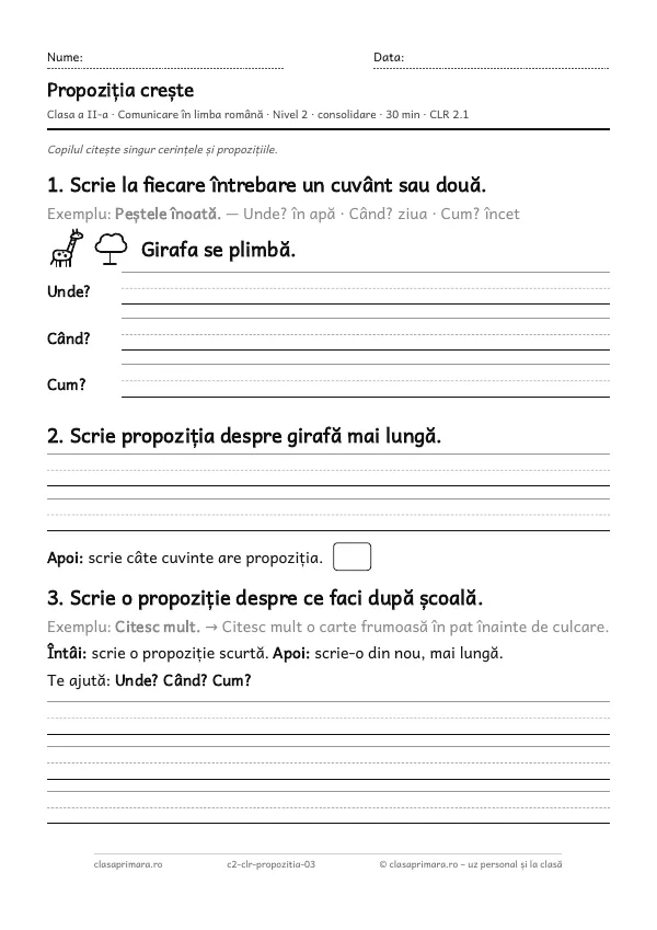 Prima pagină a fișei „Propoziția crește”, clasa a II-a, nivelul 2