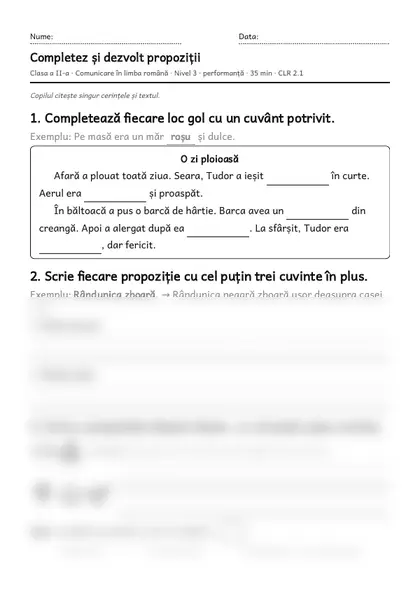 Prima pagină a fișei „Completez și dezvolt propoziții”, clasa a II-a, nivelul 3