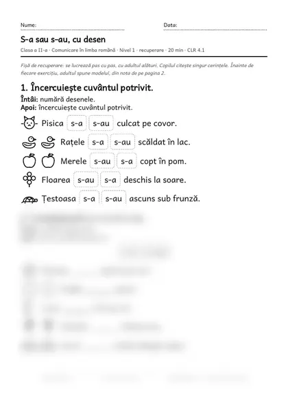 Prima pagină a fișei „S-a sau s-au, cu desen”, clasa a II-a, nivelul 1