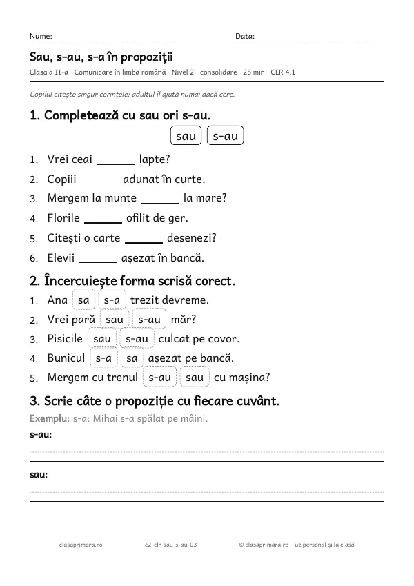 Prima pagină a fișei „Sau, s-au, s-a în propoziții”, clasa a II-a, nivelul 2