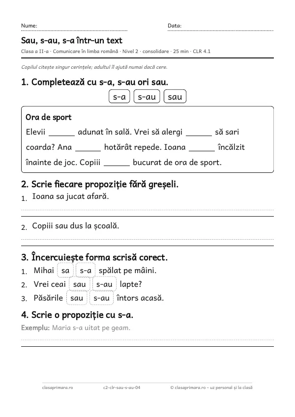 Prima pagină a fișei „Sau, s-au, s-a într-un text”, clasa a II-a, nivelul 2