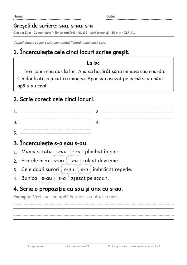 Prima pagină a fișei „Greșeli de scriere: sau, s-au, s-a”, clasa a II-a, nivelul 3