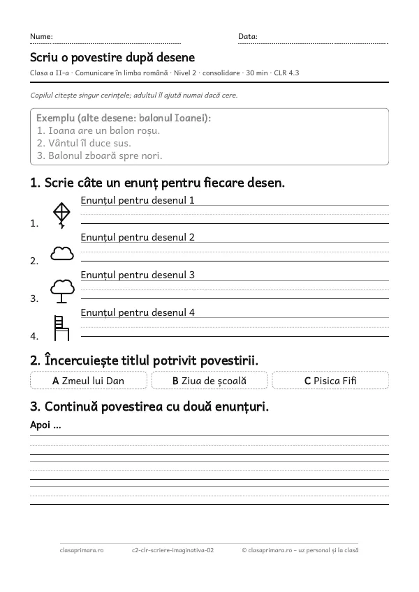 Prima pagină a fișei „Scriu o povestire după desene”, clasa a II-a, nivelul 2