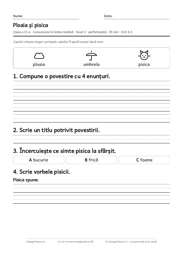 Prima pagină a fișei „Ploaia și pisica”, clasa a II-a, nivelul 3