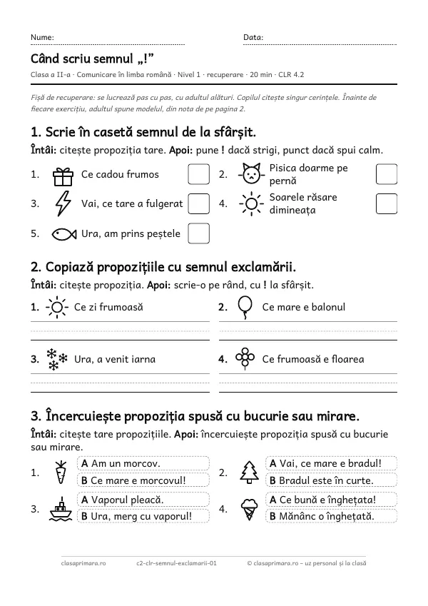 Prima pagină a fișei „Când scriu semnul „!””, clasa a II-a, nivelul 1