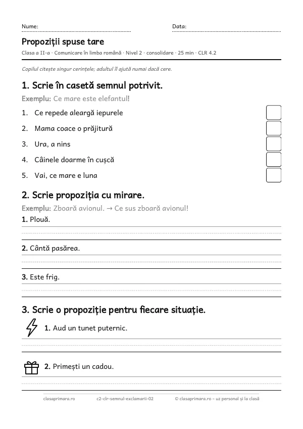 Prima pagină a fișei „Propoziții spuse tare”, clasa a II-a, nivelul 2