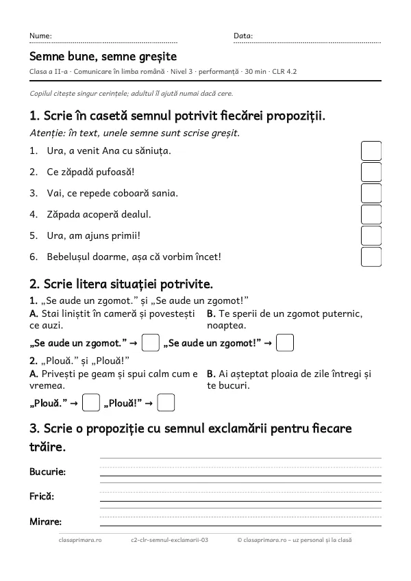 Prima pagină a fișei „Semne bune, semne greșite”, clasa a II-a, nivelul 3