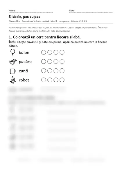 Prima pagină a fișei „Silabele, pas cu pas”, clasa a II-a, nivelul 1