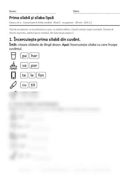 Prima pagină a fișei „Prima silabă și silaba lipsă”, clasa a II-a, nivelul 1