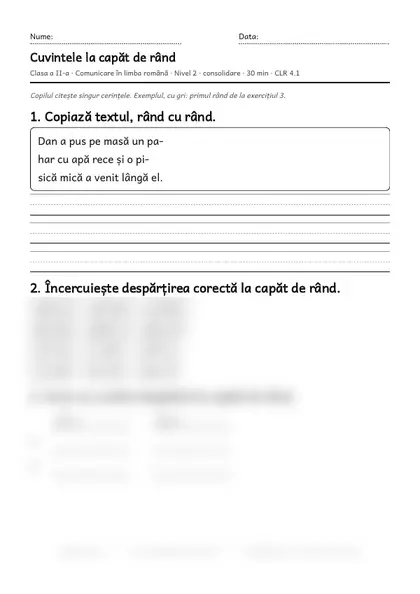 Prima pagină a fișei „Cuvintele la capăt de rând”, clasa a II-a, nivelul 2