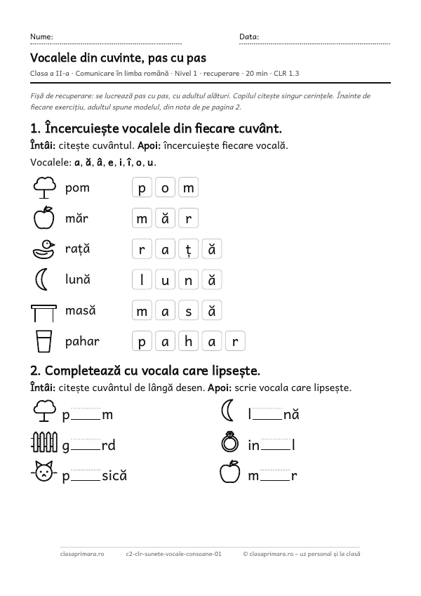 Prima pagină a fișei „Vocalele din cuvinte, pas cu pas”, clasa a II-a, nivelul 1