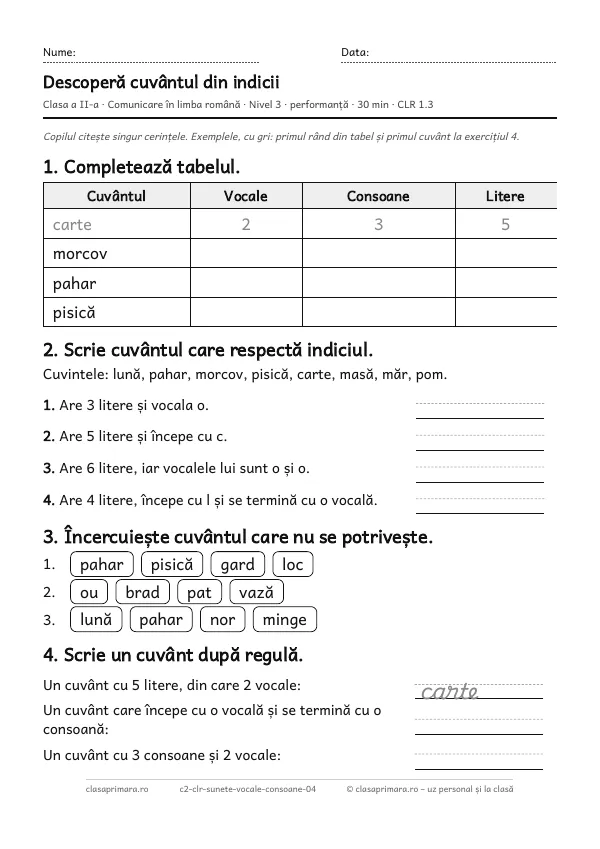 Prima pagină a fișei „Descoperă cuvântul din indicii”, clasa a II-a, nivelul 3