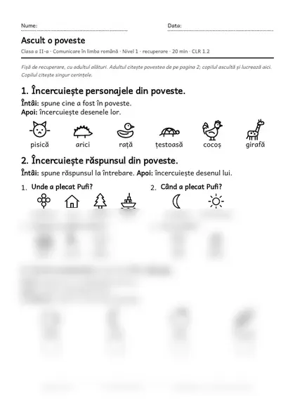 Prima pagină a fișei „Ascult o poveste”, clasa a II-a, nivelul 1