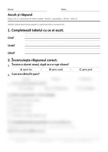 Prima pagină a fișei „Ascult și răspund”, clasa a II-a, nivelul 2