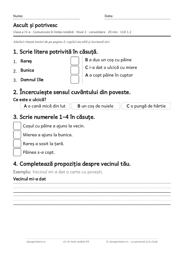 Prima pagină a fișei „Ascult și potrivesc”, clasa a II-a, nivelul 2