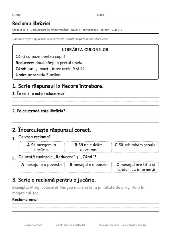 Prima pagină a fișei „Reclama librăriei”, clasa a II-a, nivelul 2