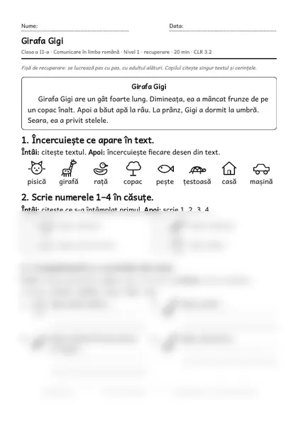 Prima pagină a fișei „Girafa Gigi”, clasa a II-a, nivelul 1