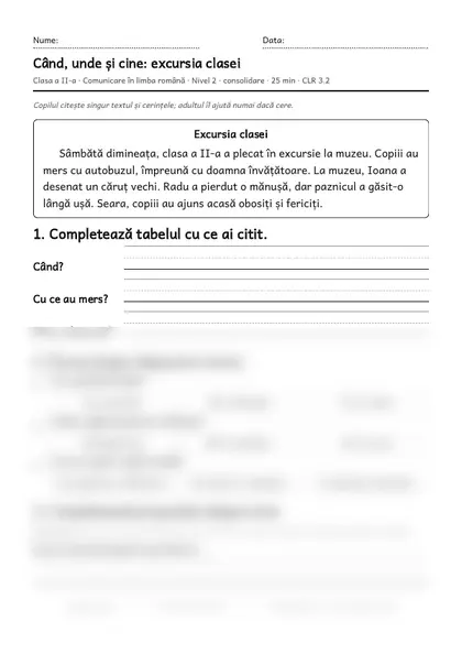 Prima pagină a fișei „Când, unde și cine: excursia clasei”, clasa a II-a, nivelul 2