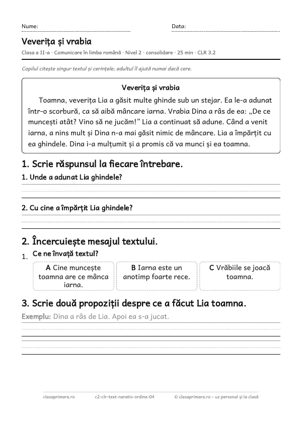 Prima pagină a fișei „Veverița și vrabia”, clasa a II-a, nivelul 2