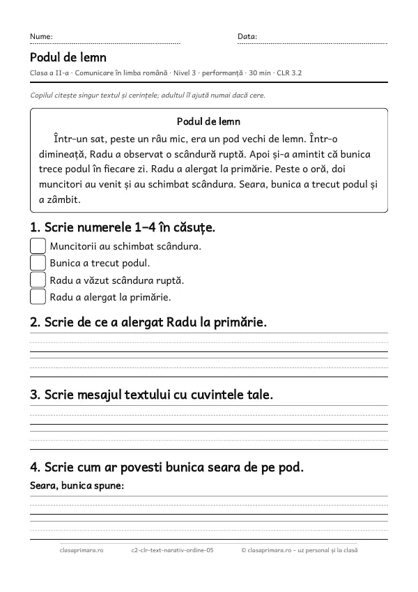Prima pagină a fișei „Podul de lemn”, clasa a II-a, nivelul 3