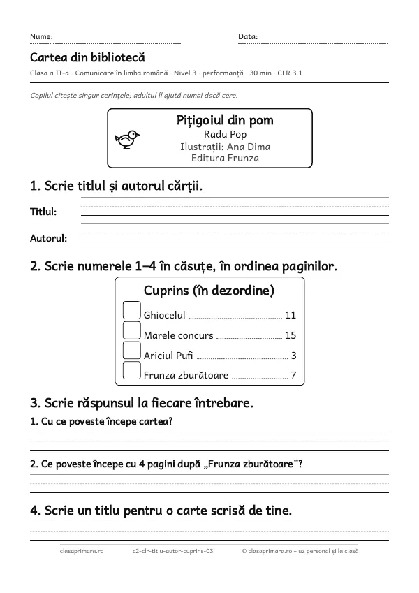 Prima pagină a fișei „Cartea din bibliotecă”, clasa a II-a, nivelul 3