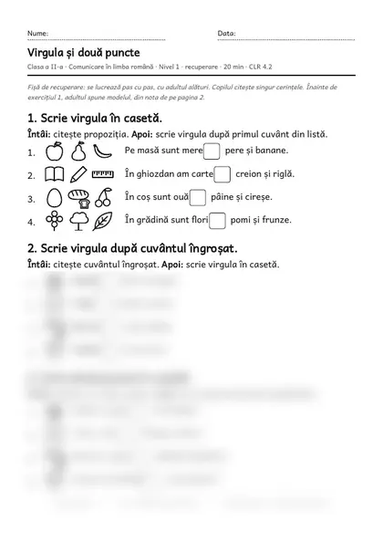 Prima pagină a fișei „Virgula și două puncte”, clasa a II-a, nivelul 1