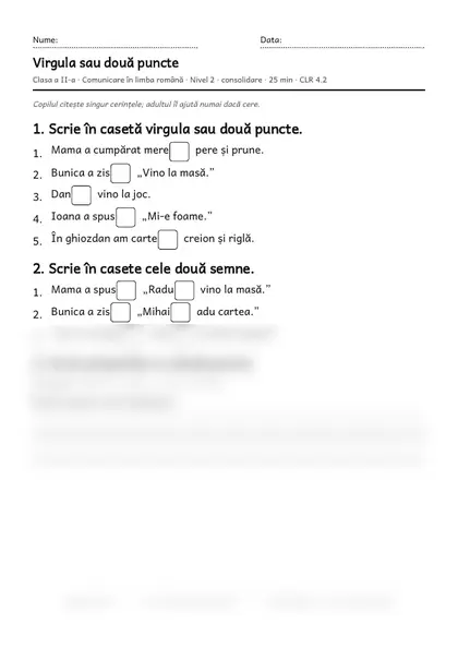 Prima pagină a fișei „Virgula sau două puncte”, clasa a II-a, nivelul 2