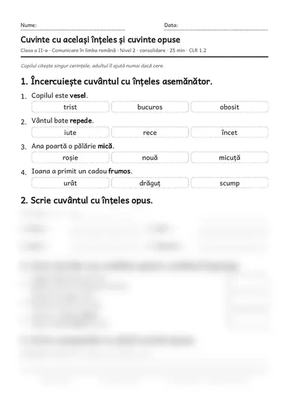 Prima pagină a fișei „Cuvinte cu același înțeles și cuvinte opuse”, clasa a II-a, nivelul 2
