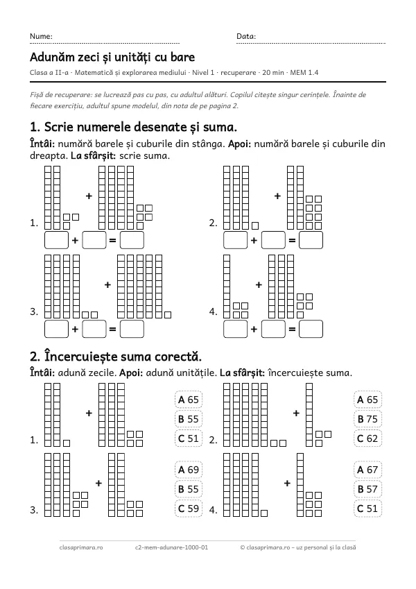 Prima pagină a fișei „Adunăm zeci și unități cu bare”, clasa a II-a, nivelul 1