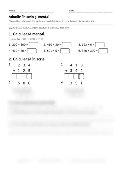 Prima pagină a fișei „Adunări în scris și mental”, clasa a II-a, nivelul 2