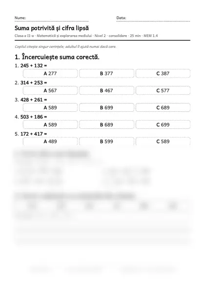 Prima pagină a fișei „Suma potrivită și cifra lipsă”, clasa a II-a, nivelul 2