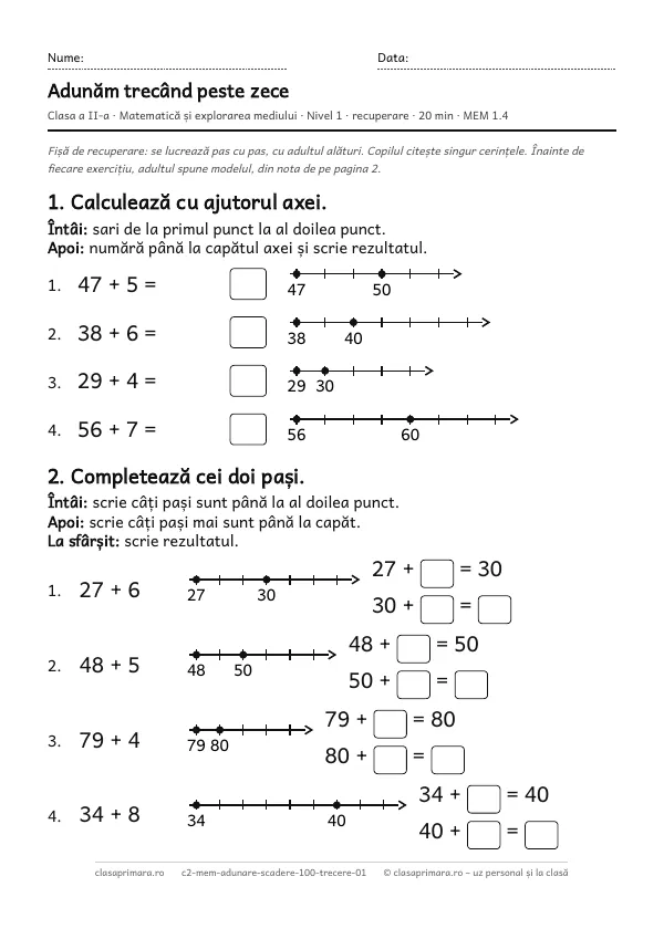 Prima pagină a fișei „Adunăm trecând peste zece”, clasa a II-a, nivelul 1