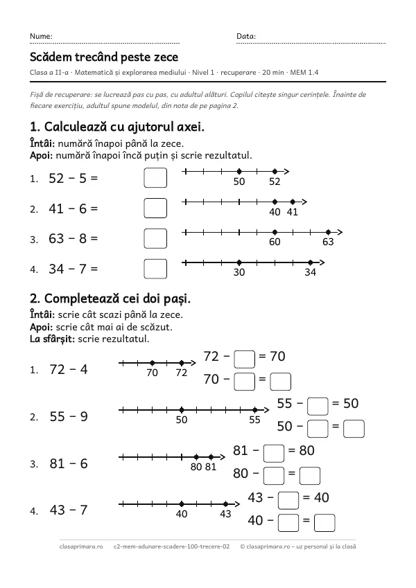 Prima pagină a fișei „Scădem trecând peste zece”, clasa a II-a, nivelul 1