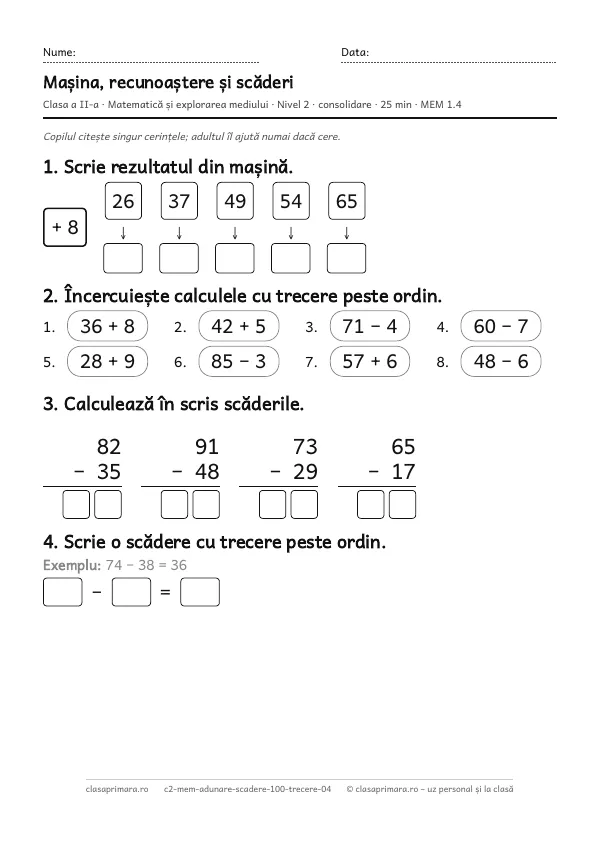 Prima pagină a fișei „Mașina, recunoaștere și scăderi”, clasa a II-a, nivelul 2